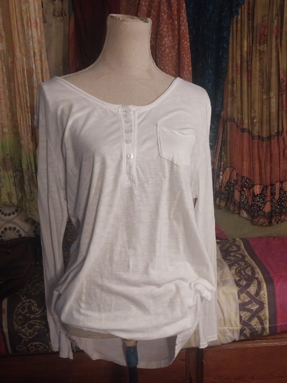 Soft Surroundings White Long-Sleeve Henley with Pocket